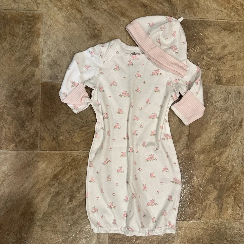 New Little Me Baby Girl 0-3 Months Bunny Sleeper Gown & Hat Matching Outfit